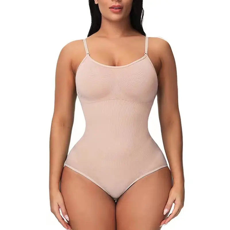 V-Neck Spaghetti Strap Compression Bodysuit with Open Crotch Shapewear for Enhanced Slimming and Smooth Silhouette