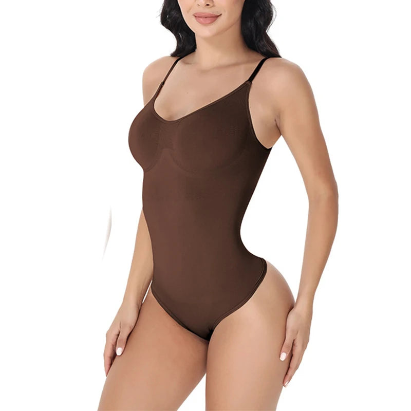 V-Neck Spaghetti Strap Compression Bodysuit with Open Crotch Shapewear for Enhanced Slimming and Smooth Silhouette