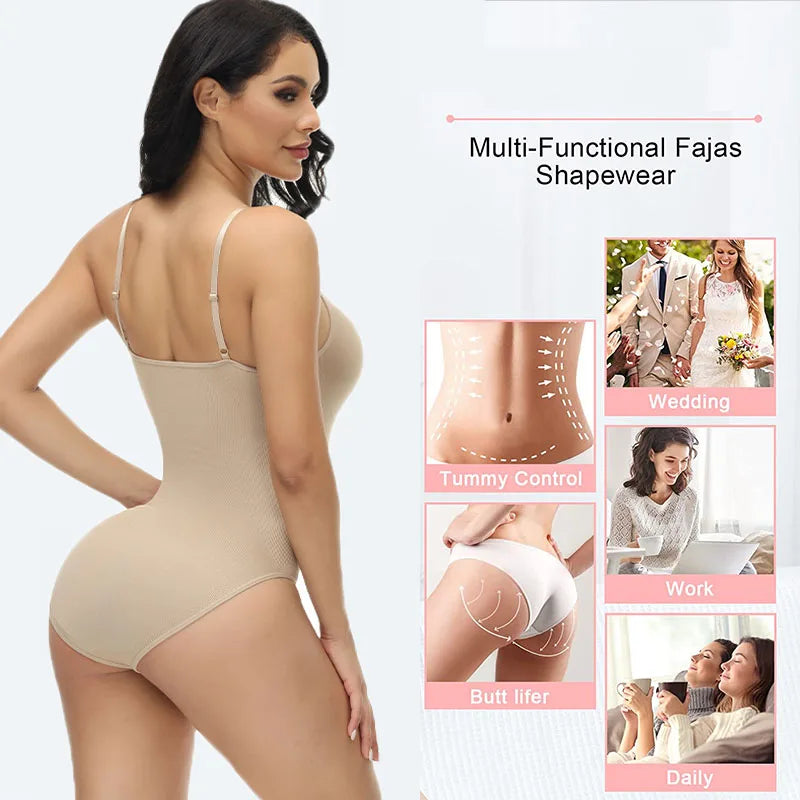 V-Neck Spaghetti Strap Compression Bodysuit with Open Crotch Shapewear for Enhanced Slimming and Smooth Silhouette