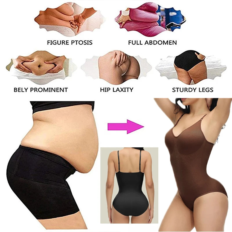 V-Neck Spaghetti Strap Compression Bodysuit with Open Crotch Shapewear for Enhanced Slimming and Smooth Silhouette