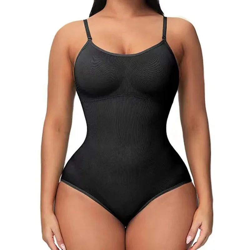 V-Neck Spaghetti Strap Compression Bodysuit with Open Crotch Shapewear for Enhanced Slimming and Smooth Silhouette