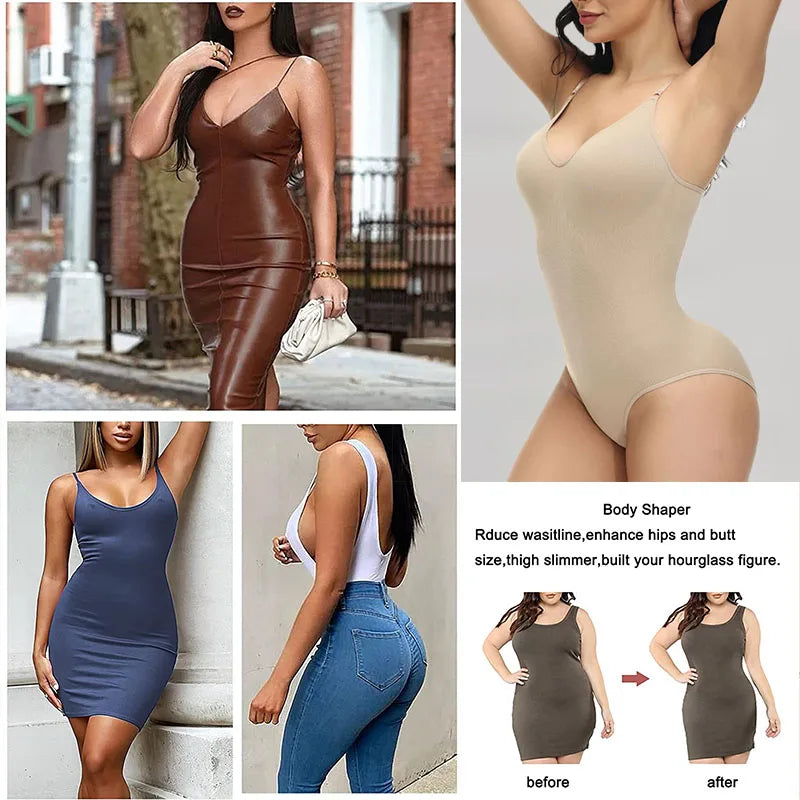 V-Neck Spaghetti Strap Compression Bodysuit with Open Crotch Shapewear for Enhanced Slimming and Smooth Silhouette