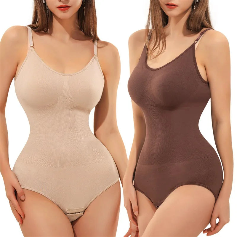 V-Neck Spaghetti Strap Compression Bodysuit with Open Crotch Shapewear for Enhanced Slimming and Smooth Silhouette