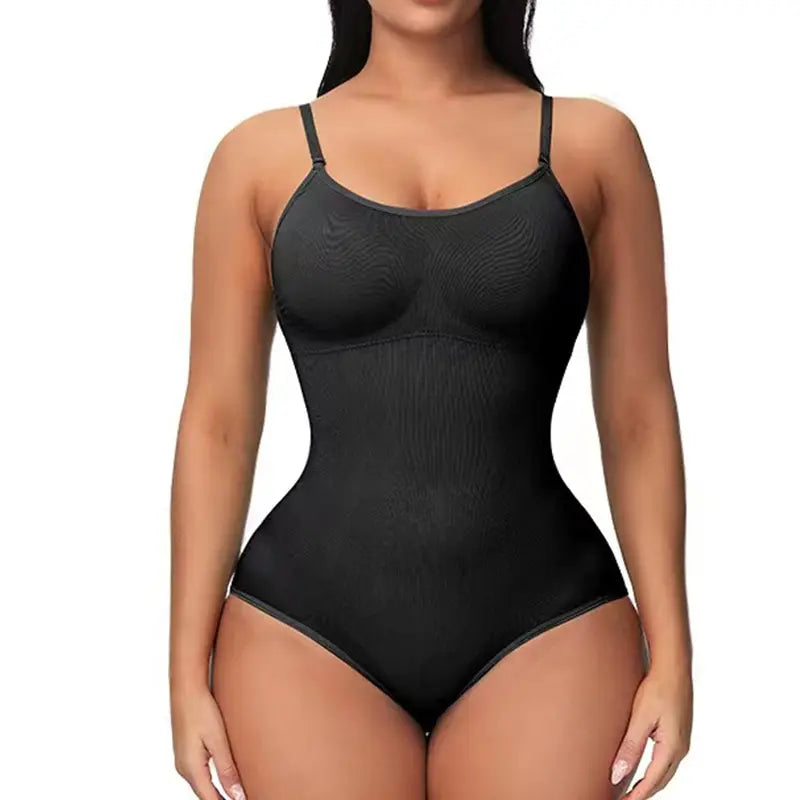 V-Neck Spaghetti Strap Compression Bodysuit with Open Crotch Shapewear for Enhanced Slimming and Smooth Silhouette