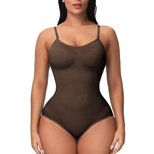 V-Neck Spaghetti Strap Compression Bodysuit with Open Crotch Shapewear for Enhanced Slimming and Smooth Silhouette